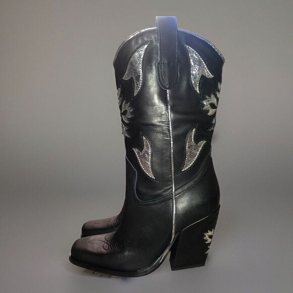 Free People Sparks Fly Cowboy Boots 8.5 Black Leather Silver Inlay Italy 39 NEW - Picture 3 of 16
